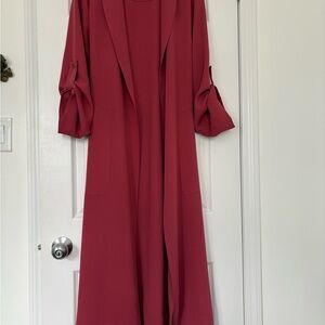 Babaton Long Open-Front Silk Trench in Burgundy